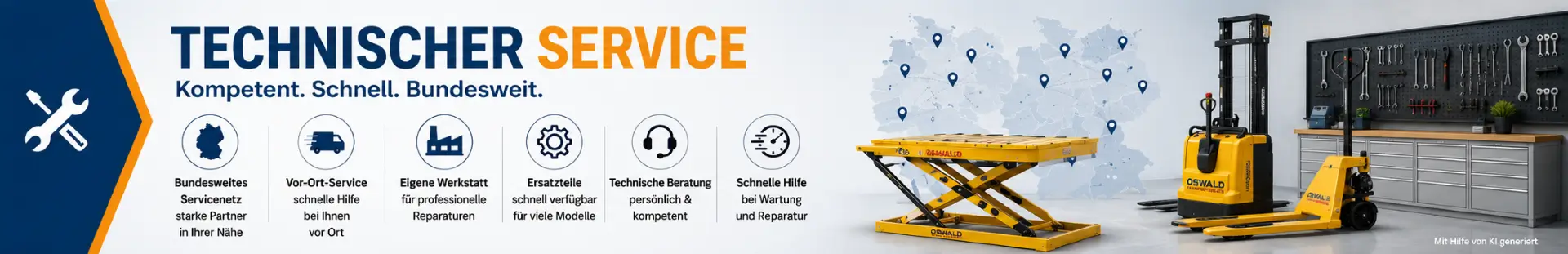 Technischer Service von Oswald Transportgeräte mit Vor-Ort-Service, Werkstatt und Ersatzteilen